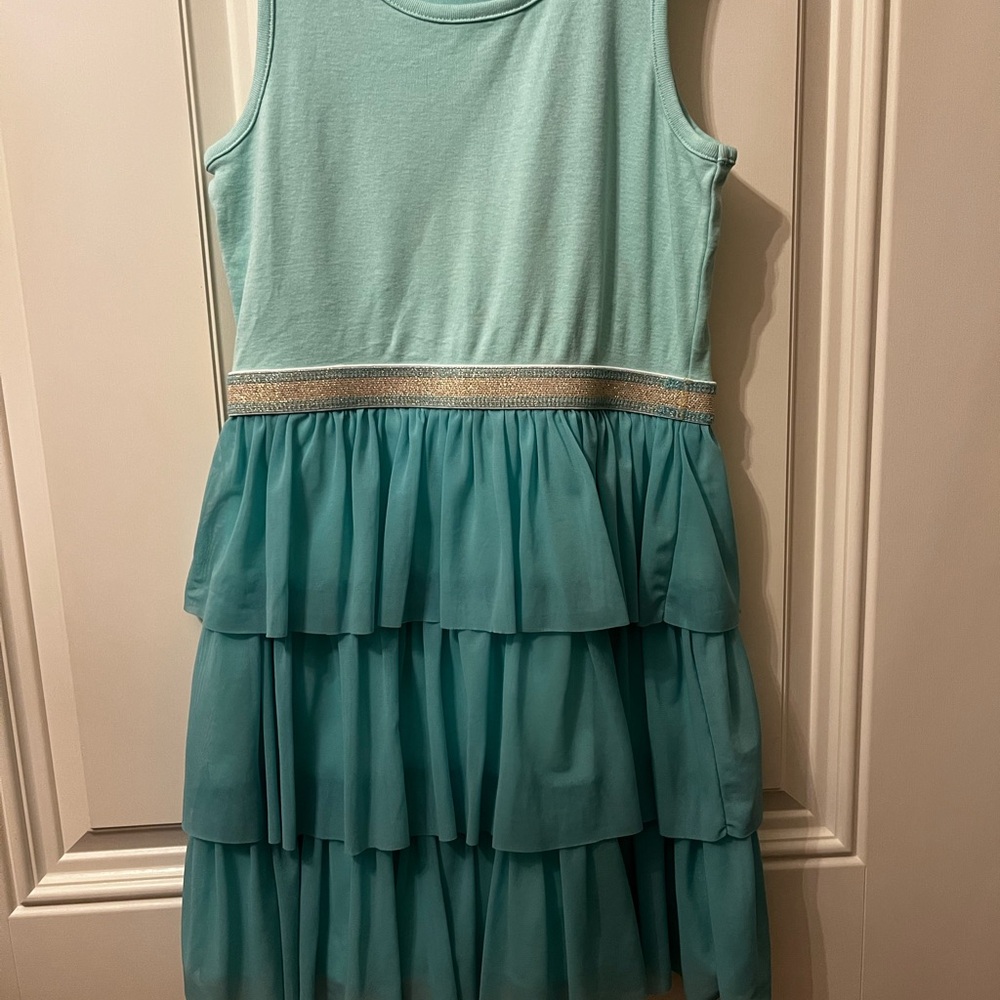 Hanna Andersson Aqua Tiered Ruffle Dress with Metallic Waistband